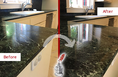 Before and After Picture of a Webberville Marble Stone Counter Polished to Eliminate Water Marks