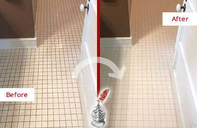 Before and After Picture of a Creedmoor Bathroom Floor Sealed to Protect Against Liquids and Foot Traffic
