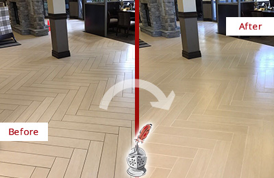 Before and After Picture of a Dirty Creedmoor Ceramic Office Lobby Sealed For Extra Protection Against Heavy Foot Traffic