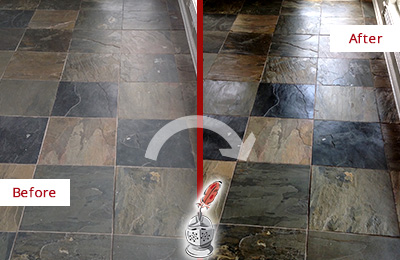 Before and After Picture of a Dull Creedmoor Slate Floor Sealed to Bring Back Its Colors