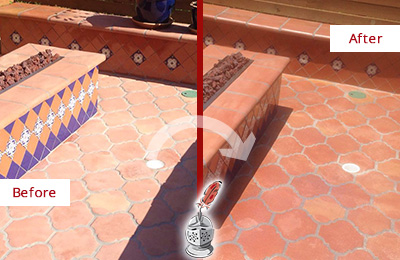 Before and After Picture of a Dull Sunset Valley Terracotta Patio Floor Sealed For UV Protection
