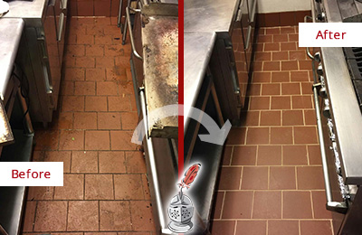 Before and After Picture of a San Leanna Restaurant Kitchen Floor Sealed to Remove Soil