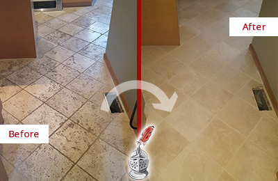 Before and After Picture of a San Leanna Kitchen Marble Floor Cleaned to Remove Embedded Dirt