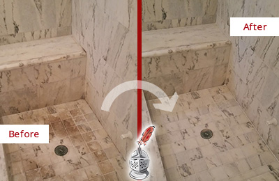 Before and After Picture of a Dirty Georgetown Marble Shower Cleaned to Eliminate Dark Stains