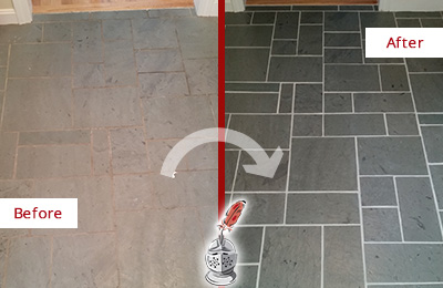 Before and After Picture of a Georgetown Slate Floor Cleaned to Remove Deep-Seated Dirt