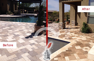 Before and After Picture of a Dull San Leanna Travertine Pool Deck Cleaned to Recover Its Original Colors