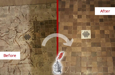 Before and After Picture of a Stained San Leanna Marble Shower Floor Cleaned to Remove Etching