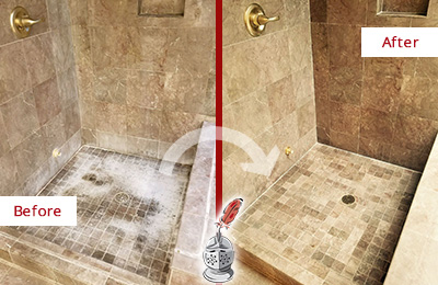 Before and After Picture of a Buda Travertine Shower Cleaned to Eliminate Water Spots