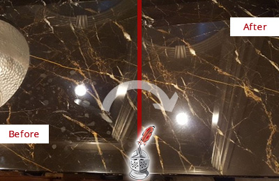 Before and After Picture of a San Leanna Marble Countertop Cleaned to Remove Water Spots