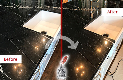 Before and After Picture of a Creedmoor Marble Kitchen Countertop Stone Sealed to Avoid Water Damage
