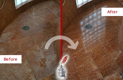Before and After Picture of Damaged Cedar Valley Marble Floor with Sealed Stone