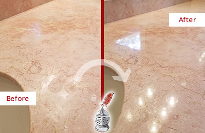 Before and After Picture of a Kyle Marble Stone Vanity Top Sealed to Avoid Water Marks