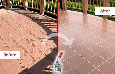 Before and After Picture of a Mustang Ridge Hard Surface Restoration Service on a Tiled Deck