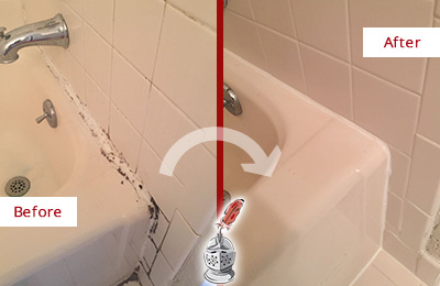Before and After Picture of a Mustang Ridge Hard Surface Restoration Service on a Tile Shower to Repair Damaged Caulking