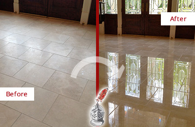 Before and After Picture of a Mustang Ridge Hard Surface Restoration Service on a Dull Travertine Floor Polished to Recover Its Splendor