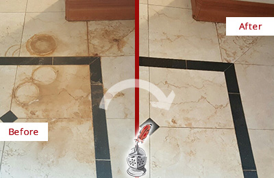 Before and After Picture of a Briarcliff Hard Surface Restoration Service on a Marble Floor to Eliminate Rust Stains