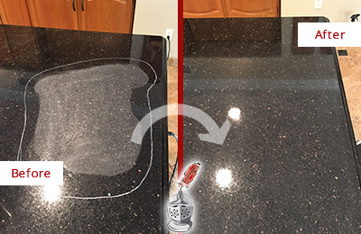Before and After Picture of a Driftwood Hard Surface Restoration Service on a Granite Countertop to Remove Scratches