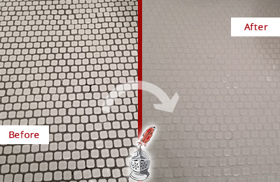 Before and After Picture of a Kyle Hard Surface Restoration Service on a Bathroom Tile Floor Recolored to Fix Grout Color