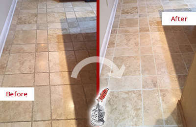 Before and After Picture of Buda Kitchen Floor Grout Cleaned to Recover Its Color