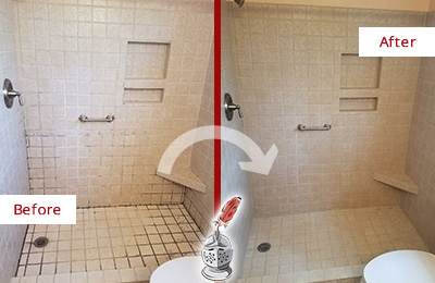 Before and After Picture of a Rollingwood Shower Grout Cleaned to Remove Mold