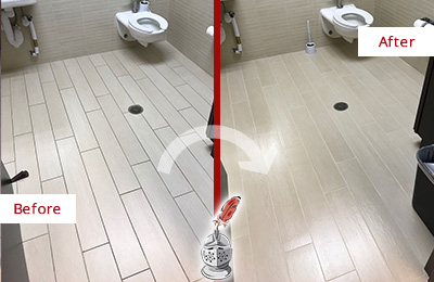 Before and After Picture of a Buda Office Restroom's Grout Cleaned to Remove Dirt