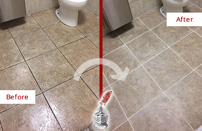 Before and After Picture of a Creedmoor Office Restroom Floor Recolored Grout