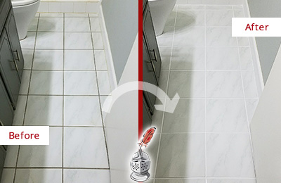 Before and After Picture of a Creedmoor White Ceramic Tile with Recolored Grout