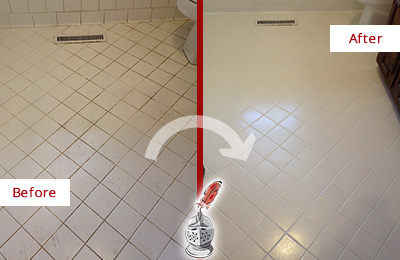 Before and After Picture of a Buda White Bathroom Floor Grout Sealed for Extra Protection
