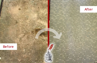 Before and After Picture of a Cedar Valley Mosaic Shower Cleaned to Eliminate Embedded Dirt