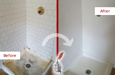 Before and After Picture of a Driftwood Shower Cleaned to Eliminate Mold
