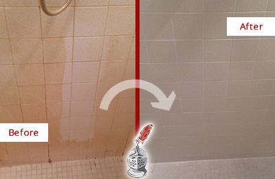 Before and After Picture of a Cedar Valley Porcelaine Shower Cleaned to Remove Soap Scum